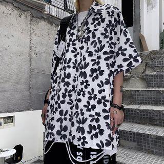 Couple Matching Short Sleeve Flower Print Shirt White - One Size