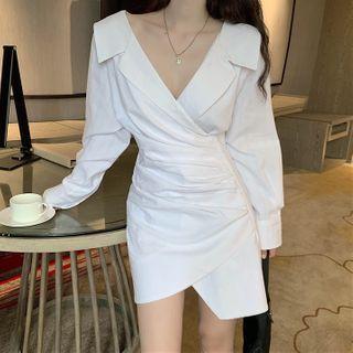 Plain V-neck Crinkled Mini Dress