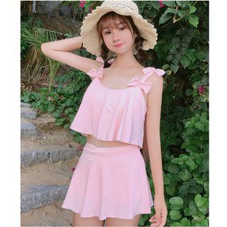 Set: Bow Tankini Top + Swim Skirt Pink - One Size