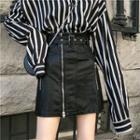 Striped Long-sleeve Loose-fit Shirt / Faux-leather Skirt