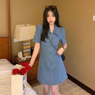 Short-sleeve Collar Zip-up Denim Mini A-line Dress