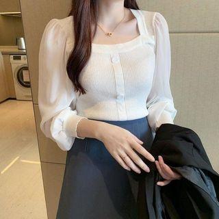 Lantern-sleeve Chiffon Panel Knit Top