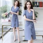 Short-sleeve Ruffled Buttoned A-line Dress