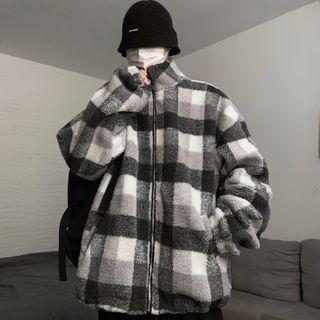 Checked Panel Fleeced Zipped Jacket