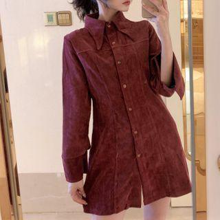 Long-sleeve Corduroy Mini Shirtdress Wine Red - One Size
