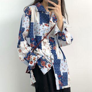 Long-sleeve Floral-print Shirt / High-waist Wide-leg Pants