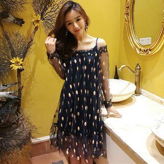Set: Dotted Off-shoulder Mesh Long-sleeve Dress + Spaghetti Strap Dress