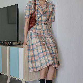 Set: Plaid Double Breasted Shirt + Midi Skirt
