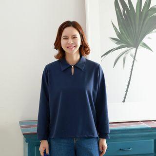 Collared Keyhole Boxy Top Navy Blue - One Size