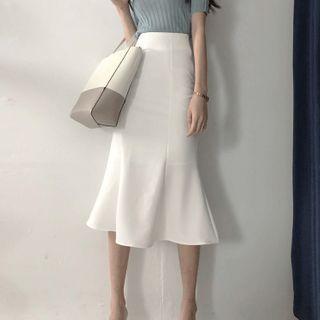 Plain Ruffle Hem Midi Pencil Skirt