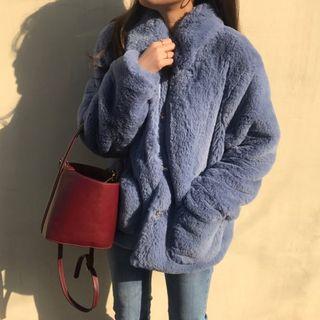 Faux Fur Buttoned Jacket Grayish Blue - One Size