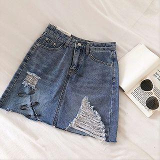 Distressed High-waist A-line Skirt