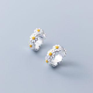 Flower Sterling Silver Cuff Earring 1 Pair - S925 Silver - Silver & White & Yellow - One Size