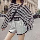 Set: Long-sleeve Striped T-shirt + Lettering Shorts Top & Silver - One Size