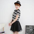 Set: Short-sleeve Zip-back Striped Top + Bow-accent A-line Skirt