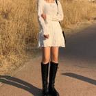 Plain Pleated Long-sleeve Dress White - One Size