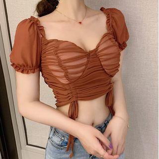 Short-sleeve Ruched Cropped Mesh Top