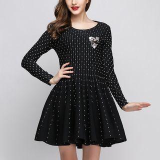 Dotted Long-sleeve Knit A-line Dress