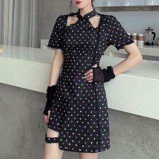 Short Sleeve Stand Collar Heart Print Lace Trim Heart Print Qipao