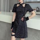 Short Sleeve Stand Collar Heart Print Lace Trim Heart Print Qipao