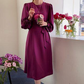 Round-neck Bell-sleeve Midi Dress With Sash