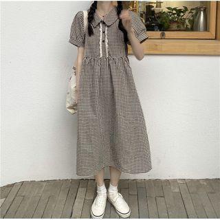 Puff-sleeve Gingham Midi A-line Dress Black & Almond - One Size