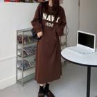Puff-sleeve Lettering Midi A-line Dress
