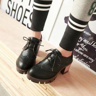 Lace-up Chunky Heel Wingtip Shoes