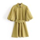 Puff-sleeve Belted Mini A-line Dress