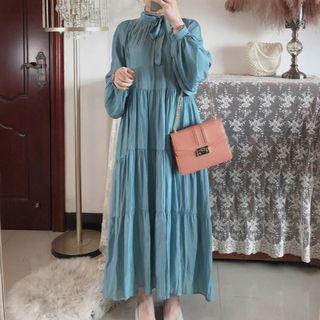 Lantern-sleeve Maxi A-line Dress Bluish Green - One Size