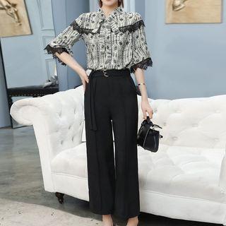 Set: Print Short-sleeve Tie-neck Blouse + Wide-leg Pants