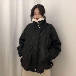 Fluffy Collar Faux Leather Jacket Black - One Size