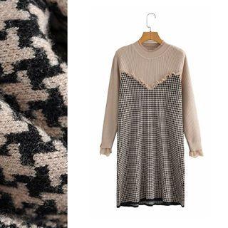 Long-sleeve Houndstooth Panel Knit Midi Dress 9875 - Houndstooth - Khaki & Black - One Size