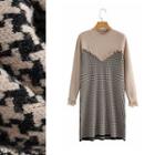Long-sleeve Houndstooth Panel Knit Midi Dress 9875 - Houndstooth - Khaki & Black - One Size