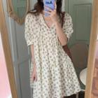 Short-sleeve V-neck Floral Loose Fit Dress Almond - One Size
