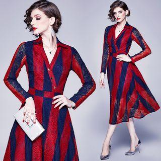 Lace Striped Long-sleeve Midi A-line Dress