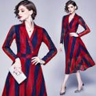 Lace Striped Long-sleeve Midi A-line Dress