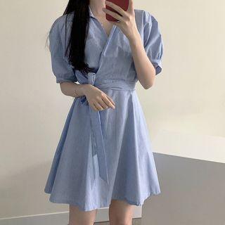 Short-sleeve Striped Tie-waist Mini A-line Shirt Dress