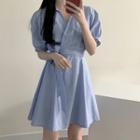 Short-sleeve Striped Tie-waist Mini A-line Shirt Dress