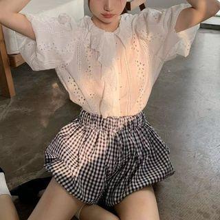 Short-sleeve Cutout Blouse / Plaid Skort