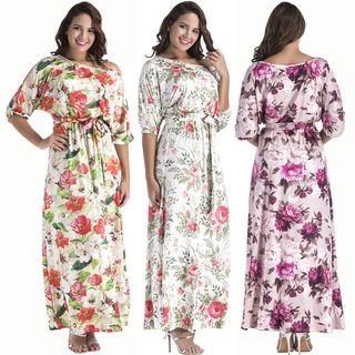 Floral Print Elbow-sleeve A-line Maxi Dress