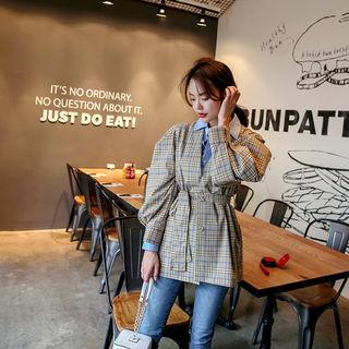 Balloon-sleeve Plaid Jacket With Sash
