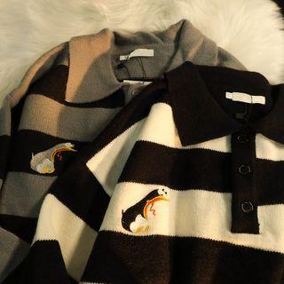 Embroidered Striped Polo Sweater