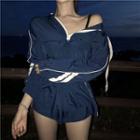 Sports Set: Contrast Panel Hoodie + Shorts Dark Blue - One Size