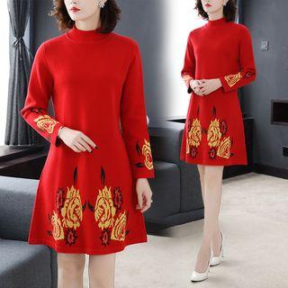 Mock Neck Floral Print Mini A-line Sweater Dress