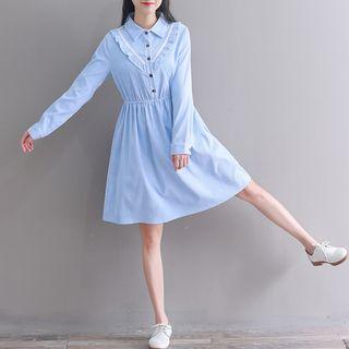 Corduroy Frilled Long-sleeve A-line Shirt Dress