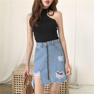Zip Distressed Denim Skirt