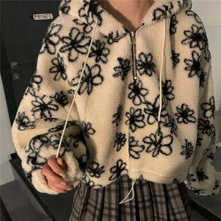 Floral Print Fleece Hoodie / Plaid Pleated Mini A-line Skirt