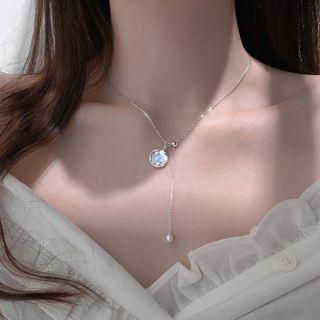 925 Sterling Silver Rhinestone Shell Disc Pendant Necklace