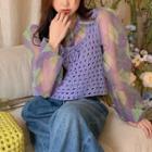 Puff-sleeve Argyle Print Mesh Shirt / Pointelle Knit Camisole Top